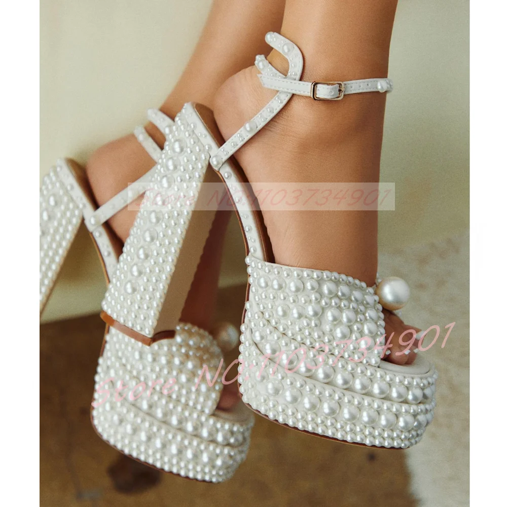 Women'S Shoes Quality - Sandali con plateau con perle bianche